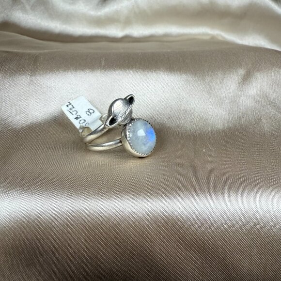 Handmade Silver Rainbow Moonstone and Saturn Planet Design Ring Jewelry Size 8 - Picture 2 of 5